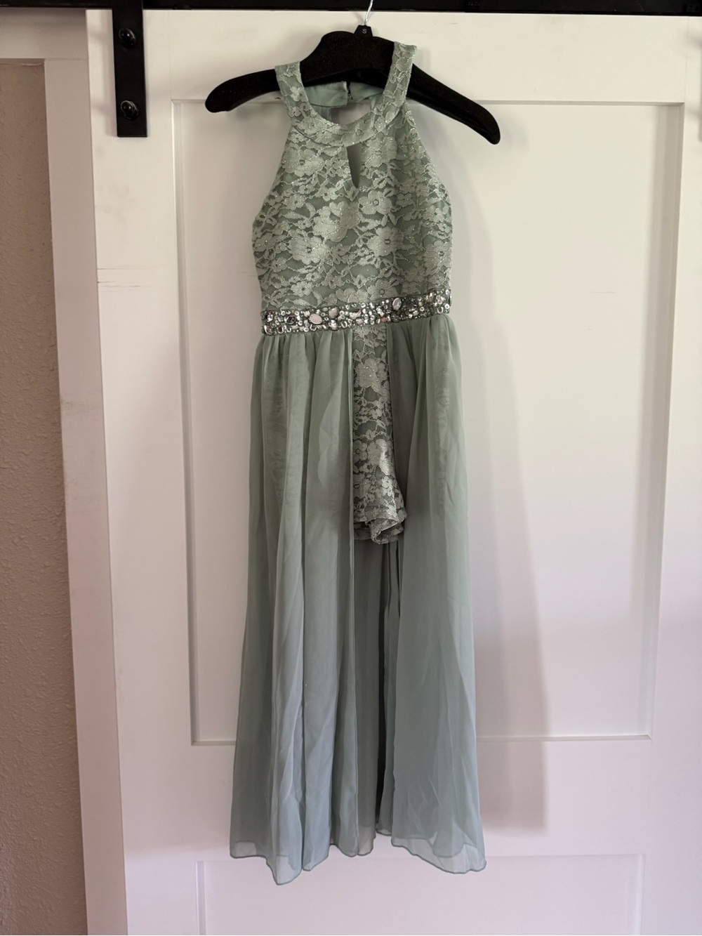 Xtraordinary Sage Lace Halter Dress with Jeweled Waist